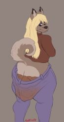 absurd_res anthro ass big_butt blonde_hair blue_eyes bottomwear brown_clothing brown_sweater brown_topwear canid canine canis clothing denim denim_bottomwear denim_clothing domestic_dog feces female hair hi_res jeans looking_back mammal pants redblissex scat soiling soiling_bottomwear soiling_pants solo sweater thick_thighs topwear wide_hips