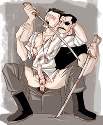 2boys anal_insertion anal_penetration anal_sex blood bloody_clothes bloody_sword boots closed_eyes color cum cum_in_ass cum_while_penetrated dog_tags erection eye_patch footwear frank_archer front_view fullmetal_alchemist gay hand_behind_head holding_arm holding_weapon homunculus human insertion king_bradley licking_blood male male_only moustache multiple_males multiple_penises pecs reverse_suspended_congress sex sitting_on_penis spread_legs stained_clothes sword torn_clothes torn_pants torn_shirt weapon yaoi