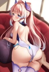 ass ass_focus bare_shoulders blue_hair blush breasts cameltoe deep_skin female from_behind genshin_impact gradient_hair hair_ornament hand_on_ass huge_ass kusol large_breasts leotard long_hair looking_at_viewer looking_back medium_breasts multicolored_hair pink_hair ponytail purple_eyes sangonomiya_kokomi sideboob smile solo_focus thick_thighs thighhighs very_long_hair