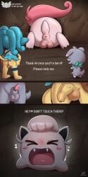 1:2 absurd_res ancient_pokemon animal_genitalia animal_humanoid anthro anus balls blush bodily_fluids casual_nudity cave close-up dialogue digital_media_(artwork) english_text espurr fangs female generation_5_pokemon generation_6_pokemon generation_9_pokemon genital_fluids genitals group hair half-erect hi_res humanoid humanoid_genitalia imminent_sex innie_pussy male mammal nintendo paradox_pokemon penis pink_body pokemon pokemon_(species) primate pussy scream_tail sheath simipour tail teeth text trapped trio zeklullaby
