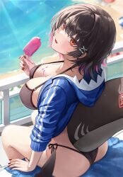 1girls animal_hood ass beach bikini black_bikini black_hair blue_jacket blurry blurry_background breasts ellen_joe female fins fish_tail food food_on_body food_on_breasts holding holding_food holding_popsicle hood hooded_jacket jacket large_breasts looking_at_viewer melting_popsicle mole mole_under_eye mookyuu9 multicolored_hair ocean pink_hair popsicle railing red_eyes red_nails shark_girl shark_hood shark_tail sitting solo strap_gap swimsuit tail two-tone_hair water zenless_zone_zero