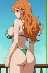 1girls ai_generated anime anime_girl big_ass big_breasts blushing female lewd looking_at_viewer looking_back nami_(one_piece) one_piece orange_hair solo_female solo_focus suggestive swimsuit