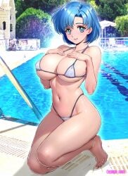 1girls alluring alternate_breast_size ami_mizuno big_breasts bikini bishoujo_senshi_sailor_moon blue_eyes blue_hair breasts_bigger_than_head high_res kneeling_on_ground looking_at_viewer micro_bikini navel nipple_bulge oyaman pool poolside short_hair smile swimming_pool swimsuit water