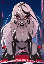 1milf 2025 ai_assisted ai_generated big_breasts bikini black_bikini black_gloves black_highlights black_panties car carmilla_carmine city city_background deviantart_link elbow_gloves evil_smile eyelashes female female_only grey_body grey_skin hazbin_hotel hellaverse large_breasts latex latex_bikini latex_thighhighs long_hair looking_at_viewer makerdeviant mature_female milf mommy night night_sky red_eyes red_nails shiny_skin smile smiling smiling_at_viewer smooth_skin solo thighhighs two-tone_hair vivienne_medrano vivienne_style white_hair