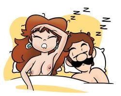 bed breasts breasts_out couple disheveled_hair domnirch earrings female luigi princess_daisy simple_background sleeping super_mario_bros. wholesome