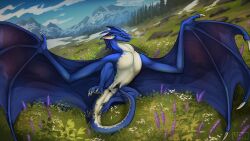 16:9 animal_genitalia anus black_anus blue_body blue_membrane blue_scales detailed_background dragon european_mythology feral firondraak genital_slit genitals grass hi_res male membrane_(anatomy) membranous_wings moonski mythological_creature mythological_scalie mythology plant presenting_slit scales scalie signature solo western_dragon white_body white_scales widescreen wings wyvern