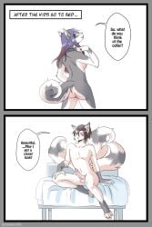 2023 2:3 areola ass barely_visible_genitalia barely_visible_pussy bed black_border blue_eyes blush border breasts canid canine canis collar colored comic countershade_butt countershade_face countershade_fur countershade_legs countershade_tail countershade_torso countershading domestic_dog duo english_text erection feet female front_view fur furniture genitals green_eyes grey_body grey_border grey_fur grey_markings hair hi_res husky imminent_sex leg_markings looking_at_another looking_at_partner looking_back looking_back_at_another looking_back_at_partner mammal markings multicolored_tail navel nipples nordic_sled_dog on_bed penis purple_hair pussy rear_view red_hair simple_background sitting sitting_on_bed smile socks_(marking) spitz spread_legs spreading standing strawberrytfs tail text toeless_(marking) white_background white_body white_countershading white_fur white_markings