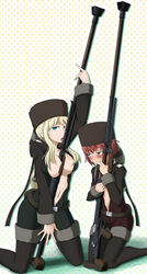 2girls anti-materiel_rifle arm_up belt between_breasts black_legwear black_thighhighs blonde_hair blue_eyes blush boots breast_envy breast_press breasts coon_hat darker_than_black fur_hat green_eyes gun hat highres holding kneeling large_breasts licking long_hair meteor_twins multiple_girls mura666 navel object_between_breasts open_clothes pointy_chin ptrd-41 ptrd-41_anti-tank_rifle red_hair rifle sexually_suggestive short_hair sniper_rifle staring_at_breasts suou_pavlichenko tanya_(darker_than_black) tanya_akulova tear thigh_boots thighhighs tongue weapon