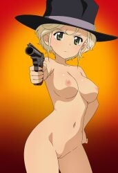 absurdres black_hat blonde_hair breasts cowboy_hat cowboy_western cowgirl_(western) girls_und_panzer green_eyes gun hat highres holding holding_gun holding_weapon jane_(girls_und_panzer) lucasddst medium_breasts nipples pussy revolver short_hair solo thighs weapon