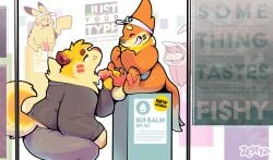 2_tails 4_toes anthro anthro_on_anthro background_character balls biped black_nose buizel canid canine canis closed_eyes clothed clothing crouching domestic_dog duo_focus english_text erection feet fully_clothed fur generation_1_pokemon generation_4_pokemon genitals grin group handjob hi_res humanoid_genitalia humanoid_penis inside interspecies looking_up male male/male mammal molosser mountain_dog multi_tail nintendo open_mouth oral orange_body orange_fur pawpads penile penis pikachu pink_body pink_pawpads pink_penis pokemon pokemon_(species) pokephilia saint_bernard sex signature sitting size_difference slowpoke smile store tail tan_balls tan_body tan_fur text thezestiestbone toes yellow_body yellow_fur zesty_(zestibone)