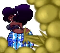 1girls 2d_(artwork) artist_signature ass ass ass_bigger_than_head ass_bigger_than_torso ass_focus biting_lip biting_own_lip breasts butt_crack dark-skinned_female dark_skin digging_up_in_they_ass fart fart_cloud fart_everywhere fart_fetish farting farts fat_ass female female_only flare_pants hamb0ne hand_in_ass hips hips_wider_than_shoulders oc original_character sweat text white_background