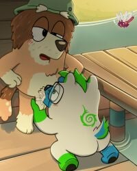 4:5 age_diffrence anthro balls bear bluey_(series) bodily_fluids canid canine canis cattledog cum cum_in_mouth cum_inside docks domestic_dog duo ejaculation exhibitionism fellatio genital_fluids genitals grandfather_(lore) grandparent_(lore) herding_dog hi_res holding_balls koda_bakari male male/male mammal mature_anthro mort_heeler oral outside pastoral_dog penile pikchan_13 public sex
