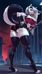 1girls ai_generated anthro ass big_ass big_breasts breasts cigarette cigarette_in_mouth city_background female fingerless_gloves fit_female furry hair_over_one_eye hand_on_hip hellhound helluva_boss leaning_on_railing long_hair looking_at_viewer looking_back loona_(helluva_boss) muscular muscular_arms no_bra outside shirt shorts spiked_collar surikat thick_thighs thighhighs two_tone_body two_tone_fur wide_hips wolf wolf_ears wolf_girl wolf_tail