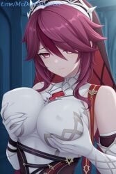 1female 1girl 1girls ai_generated bare_shoulders breasts closed_mouth commentary_request covered_nipples dress elbow_gloves female female_focus female_only genshin_impact gloves grabbing_own_breast habit hair_between_eyes hair_over_one_eye large_breasts multicolored_hair nun purple_eyes purple_hair red_hair rosaria_(genshin_impact) short_hair sleeveless solo streaked_hair tiara upper_body veil white_dress white_gloves zelanell