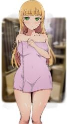 after_shower bare_arms bare_legs bare_shoulders bare_thighs blonde_hair blush body_blush breasts closed_mouth collarbone female green_eyes groin heanna_sumire indoors long_hair love_live! love_live!_superstar!! medium_breasts naked_towel shiny_skin standing thighs towel towel_only wet_body wet_hair wewe