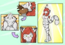 2012 after_transformation anthro areola barely_visible_genitalia barely_visible_pussy big_breasts biped breasts claws colored comic deiser directional_arrow domestic_cat felid feline felis female fox0808 fur furry gender_transformation genitals green_background green_eyes hair looking_at_viewer mammal markings membrane_(anatomy) membranous_wings motion_lines navel nipples nude open_mouth paws pink_nose pussy red_hair red_wings sedire_(deiser) simple_background smile solo species_transformation standing stretching stripes suit_transformation tail transformation transformation_sequence white_body white_fur wings yellow_background