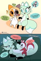 absurd_res anthro anthro_on_anthro anthro_penetrated anthro_penetrating anthro_penetrating_anthro biped black_sclera bodily_fluids canid canine chikn_nuggit cloudeon dialogue english_text eyebrows female female_penetrated fox fur green_body green_eyes green_fur group hawt_saus_(chikn_nuggit) hi_res male male/female male_penetrating male_penetrating_female mammal multicolored_body multicolored_fur multicolored_tail penetration profanity question_mark red_tail rodent saliva sciurid sex slushi_(chikn_nuggit) speech_bubble tail text tongue tongue_out tree_squirrel trio white_body white_eyes white_fur white_tail