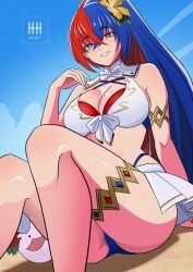 1girls alear_(female)_(fire_emblem) alear_(female)_(seaside_dragon)_(fire_emblem) alear_(fire_emblem) alluring big_breasts bikini blue_bikini character_ball cleavage criss-cross_halter crossed_bangs fire_emblem fire_emblem_engage fire_emblem_heroes gold_armlet gold_thighlet halterneck heterochromia high_res ihsnet intelligent_systems long_hair multicolored_bikini multicolored_hair nintendo official_alternate_costume official_alternate_hairstyle ponytail red_and_blue_hair red_bikini showgirl_skirt split-color_hair swimsuit two-tone_hair very_long_hair white_bikini
