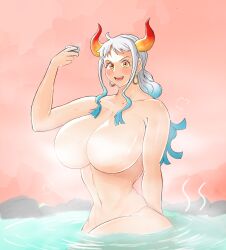 1girls ass big_breasts blush breasts cleavage collarbone completely_nude completely_nude_female doduumon earrings female female_focus female_only gradient_hair holding_object horns hot_spring huge_breasts large_breasts light-skinned_female light_skin long_hair looking_at_viewer nude nude_female one_piece orange_eyes solo solo_female solo_focus steam steam_censor thick_thighs thighs water white_hair yamato_(one_piece)
