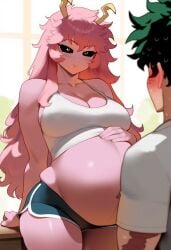 adult against_table ai_generated ashido_mina athletic_shorts big_breasts blushing_male boku_no_hero_academia booty_shorts crop_top hand_on_belly izuku_midoriya long_hair male midoriya_izuku mina_ashido my_hero_academia novelai nullificater pink-skinned_female pout pouting pouty pouty_lips pregnant pregnant_belly pregnant_female
