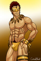 1boy abs ball_bulge bara brown_background brown_hair brown_theme color cosplay crimsonblood defined_muscles gradient_background human male male_nipples male_only male_pubic_hair male_thong manly mask muscles muscular_male necklace nintendo pecs penis_bulge pokemon pokemon_(cosplay) pokemon_(species) sandslash sandslash_(cosplay) smooth_skinned_male solo tan-skinned_male tan_skin