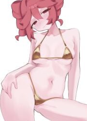 1girls 2d 2d_(artwork) belly big_breasts bikini blush blush breasts curvy curvy_female curvy_figure embarrassed embarrassed_female female female_only gold_bikini golden_bikini golden_week hand_on_hip kasane_teto large_breasts micro_bikini navel red_eyes red_hair skindentation slightly_chubby slightly_chubby_female small_bikini solo solo_female thick_thighs thighs twin_drills ur_(ur_o_) utau white_background wide_hips