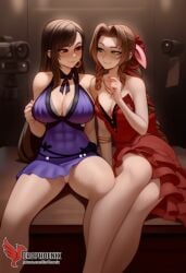 2d 2girls aerith_gainsborough ai_generated ass barefoot big_ass big_breasts blush bra couch dress erophoenix feet female female_focus final_fantasy final_fantasy_vii final_fantasy_vii_rebirth final_fantasy_vii_remake indoors jewelry large_breasts long_hair multiple_girls naked navel panties patreon_username purple_bra purple_panties red_bra red_eyes red_panties sitting small_breasts smile soles sweat sweating thick_thighs thighs tifa_lockhart underwear yuri yuri