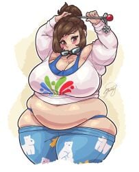 1girls belly_peeking_out big_ass big_belly big_breasts big_butt blue_panties blush brown_eyes brown_hair chubby chubby_female color colored glasses hair_ornament hanging_belly long_hair mei_(overwatch) overwatch overweight panties pants_down skoddy thick_thighs