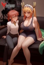 2d 2girls ai_generated ass barefoot big_ass big_breasts blonde_hair blush couch dragon_maid dragon_tail erophoenix feet female female_focus glasses horns indoors kobayashi kobayashi-san_chi_no_maidragon large_breasts long_hair maid maid_headdress miss_kobayashi's_dragon_maid multiple_girls naked navel oerba_yun_fang pants patreon_username ponytail shirt slit_pupils small_breasts smile soles sweat sweating tail thick_thighs thighs tohru_(dragon_maid) twintails yuri yuri