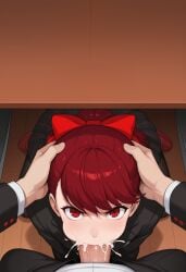 1boy 1girls ai_generated cheek_bulge cum_in_mouth fellatio fellatio_under_table forced_oral head_grab irrumatio kasumi_yoshizawa looking_at_viewer penis persona persona_5 plaid_skirt ponytail pov questionable_consent rape red_eyes red_hair school_uniform stealth_sex stockings sumire_yoshizawa teenager thighhighs under_the_table username37372
