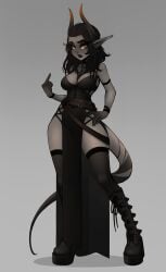 1girls belt black_dress black_hair black_lips black_thighhighs boots choker cleavage clothed demon_girl dress female full_body genderswap_(mtf) goth goth_girl grey_background grey_skin hip_vent knee_boots long_pointy_ears medium_breasts middle_finger midriff multiple_belts narrow_waist navel orange_eyes pelvic_curtain platform_boots pointy_ears rule_63 solo tail the_invitation_(comic) thick_eyebrows thighhighs variant_set william_loving_iii_(incase) zackargunov