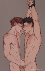 2boys balls black_hair brown_hair completely_naked completely_naked_male completely_nude completely_nude_male haikyuu!! kuroo_tetsurou male male_focus masturbation muscles muscular muscular_male naked naked_male nude nude_male oikawa_tooru_(haikyuu!!) open_mouth penis teenager tied_up yaoi young younger_male