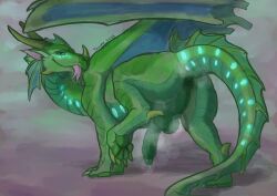 2025 anus ass balls dragon feral foreskin genitals green_anus green_body green_eyes green_horn green_pawpads green_penis green_scales half-erect hi_res horn humanoid_genitalia humanoid_genitalia_on_feral humanoid_penis humanoid_penis_on_feral long_foreskin looking_at_viewer male musk musk_clouds mythological_creature mythological_scalie mythology pawpads penis perineum pink_tongue scales scalie signature solo teavern tongue tongue_out