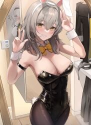 2girls alternate_costume animal_ears arm_strap bare_shoulders black_hairband black_leotard black_pantyhose blush bow bowtie breasts cleavage commentary covered_navel covering_own_mouth cowboy_shot detached_collar double_v english_commentary fake_animal_ears fake_tail firefly_(honkai:_star_rail) grey_hair grin hairband hands_up head_tilt honkai:_star_rail honkai_(series) large_breasts leotard long_hair looking_at_viewer low_neckline mookyuu9 mookyuu9 multiple_girls pantyhose playboy_bunny purple_eyes rabbit_ears rabbit_tail smile standing stelle_(honkai:_star_rail) strapless strapless_leotard tail trailblazer_(honkai:_star_rail) v white_hairband wrist_cuffs yellow_bow yellow_bowtie yellow_eyes