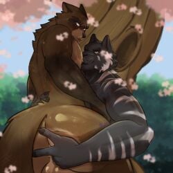 1:1 anal anal_fingering anthro balls brown_body brown_fur canid canine duo epic_games eye_scar facial_scar fingering fortnite fur genitals hajime_(fortnite) hi_res male male/male mammal muscular muscular_anthro muscular_male nipple_fetish nipple_play nipple_suck nude outdoor_nudity outside_sex plant raccoon_dog scar sex stuffablemuffin sucking tree under_tree white_eyes
