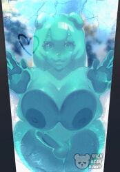 against_surface anthro balls bear big_breasts blue_body breast_squish breasts breasts_on_glass freezer freezing futanari genitals goo_creature gynomorph hands_on_glass heart_symbol hi_res humanoid_genitalia humanoid_penis intersex jellie_(milkbearbunny) mammal milkbearbunny nude_anthro nude_gynomorph on_glass penis penis_on_glass solo squish thick_thighs