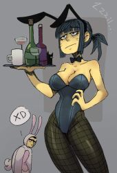 1boy 1girls alcohol alcohol_bottle alcoholic_drink big_breasts black_hair breasts bunny_ears bunny_girl bunnysuit female green_eyes male pigtails sarah_(tear_along_the_dotted_line) tear_along_the_dotted_line this_world_can't_tear_me_down zerocalcare zerocalcare_(series)