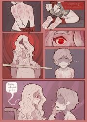 1boy 1girls aristocrat bamboo beaten black_eyes blonde_female blonde_hair bondage bruise burn_scar caretaker caretaker_(kepchuk) comic dialogue disability disabled dominant dominant_female domination female gloves kepchuk male men_in_pain no_sex pixel_art red_eyes scar scars shaded_face sibylla_(kepchuk) submissive submissive_male tied_up wheelchair yandere