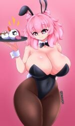 1girls arm_behind_back black_bowtie bowtie breasts brown_pantyhose bunnysuit buster-art carrot closed_mouth closed_mouth_smile clothed condesavr covered_navel cumdenado_(condesavr) curvy curvy_female curvy_figure easter fake_animal_ears fake_ears fake_rabbit_ears fake_tail female female_focus female_only front_view hair_between_eyes heart-shaped_pupils hips hispanic_virtual_youtuber huge_breasts latam_virtual_youtuber legs_closed medium_hair multicolored_eyes pantyhose pink_background pink_hair plate playboy_bunny short_hair simple_background smile smiley_face standing tray twitch.tv virtual_youtuber voluptuous voluptuous_female vtuber vtuberfanart white_wristband wide_hips wristband
