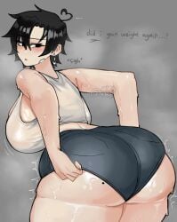 akira404040 black_hair booty_shorts english_text huge_ass huge_breasts implied_weight_gain looking_back neru_(akira404040) short_hair sweat sweating sweaty sweaty_butt thick_ass weight_gain