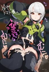 1boy anby_demara arm_behind_back arm_up artist_name bad_id bad_twitter_id belt bike_shorts bike_shorts_under_skirt black_choker black_skirt black_thighhighs braid censored choker cum dated detached_sleeves ejaculation emotionless_sex excessive_cum female grey_hair heart highres iroshira_skb knees_together_feet_apart midriff mosaic_censoring motion_lines navel orange_eyes out_of_frame panty_straps penis pleated_skirt short_hair side_braid single_braid skirt straddling straight thigh_belt thigh_sex thigh_strap thighhighs thighs translation_request twitching zenless_zone_zero
