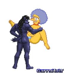 animated ass black_hair blue_body blue_fur blue_hair canid canine canis digital_media_(artwork) ear_piercing ear_ring female fur garrywulf hair human jewelry low_res male male/female mammal mugen necklace patty_bouvier piercing pixel_(artwork) ring_piercing slightly_chubby smile sprites the_simpsons wolf