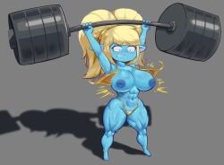 abs areola barbell big_breasts bikini biped blonde_hair blue_body bodily_fluids breasts clothing exercise female golden_week grey_background hair hi_res humanoid_pointy_ears league_of_legends muscular muscular_female nebssik nipples not_furry pointy_ears poppy riot_games shadow simple_background solo super_strength sweat swimwear tencent thick_thighs two-piece_swimsuit wardrobe_malfunction weightlifting wide_hips workout yordle