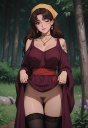 1girls ai_generated ass_visible_through_thighs black_thighhighs brown_hair eyeshadow female forest gypsy headscarf large_breasts necklace original pale-skinned_female pale_skin pink_lips pink_lipstick pubic_hair pussy seductive shoulder_tattoo tattoo thighhighs thighs violet_dress