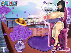 1girls alternate_breast_size bra breast_milk breasts cleavage dxoz female female_only fur_coat high_heels human hyper_breasts lactation monkey_d_luffy nico_robin nipples one_piece panties pre-timeskip solo straight_hair straw_hat tagme text voluptuous