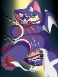 3:4 binder_(restraint) bodily_fluids cum cum_on_body cum_on_face domestic_cat dragon_wings felid feline felis genital_fluids genitals green_eyes hi_res horn hybrid male mammal penis penis_plug pink_penis plug_(sex_toy) prison prisoner purple_body restraints sex_toy shiningcanc solo urethral_plug wings