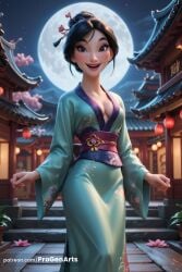 1girls ai_generated architecture artist_name black_eyes black_hair breasts brown_eyes cherry_blossoms cleavage disney disney_princess east_asian_architecture fa_mulan flower full_moon hair_bun hair_ornament hi_res japanese_clothes kimono lantern looking_at_viewer makeup medium_breasts mole mole_under_eye moon mulan mulan_(1998_film) night night_sky obi open_mouth outdoors patreon_username progenarts sash single_hair_bun sky smile solo standing watermark web_address