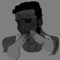 3boys beard big_nose black_and_white black_body blowjob blush blush_lines cock curly_hair demoman demoman_(team_fortress_2) dick disembodied_penis eyepatch gay gay_blowjob gay_male hair hairy hairy_male kissing kissing_penis lips_on_penis oral oral_sex penis penis_on_face sucking_penis_tip sweat sweatdrop sweating tank_top team_fortress_2 tf2 threesome vein veins weinerrwizard yaoi
