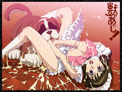 apron blush brown_hair bukkake cum cum_everywhere fushimi_yayoi naked_apron natsu_no_arashi natsu_no_arashi! open_mouth purple_eyes socks spread_legs toyomaru white_socks yayoi_fushimi zooerastia zoophilia