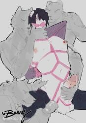 anthro ball_gag balls bear big_penis black_hair bodily_fluids bottomwear bottomwear_down bunny_(milkbearbunny) canid canine canis clothed clothing dominant dominant_anthro dominant_male foursome fur gag gagged genital_fluids genital_piercing genitals grey_background group group_sex hair handjob hi_res humanoid_genitalia humanoid_penis leaking_precum male male/male mammal milkbearbunny nipple_piercing nipples open_bottomwear open_clothing open_pants pants pants_down partially_clothed penile penis penis_piercing piercing precum raised_clothing raised_sweater raised_topwear sex sex_toy simple_background submissive submissive_anthro submissive_male sweater topwear undressing undressing_another vibrator vibrator_on_penis wand_vibrator white_body white_fur wolf